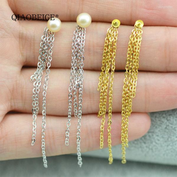 Pendientes de tuerca QIAOBEIGE, accesorios de perlas, borla de línea larga de plata 925 con 4 cadenas, joyería personalizada de Color chapado en oro