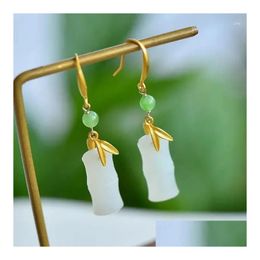 Boucles d'oreilles Qinghai MATÉRIAUX VIEUX NEPHIRE BLANC HEURME HYMÉRIENNE HETIAN JADE BAMBOO S925 SIER GILDING VINTAGE FEMMES DROB DROINT J OTLGD