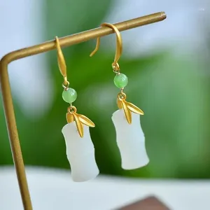 Boucles d'oreilles Qinghai vieux matériaux blanc néphire haute hydratation Hetian Jade bambou S925 argent dorure Vintage femmes