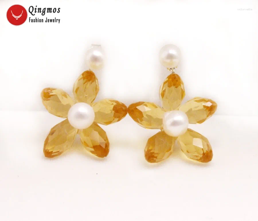 Stud Earrings Qingmos Natural 5-6mm White Round Pearl For Women With Orange Flower Crystal Earring Double Sided Ear Jewelry E707