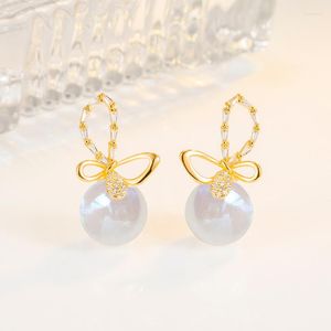 Stud -oorbellen Real 14K Gold Pearl Earring Vrouwtjes Round Aros Mujer Oreja Orecchini Cn (Origin) Yellow edelsteen