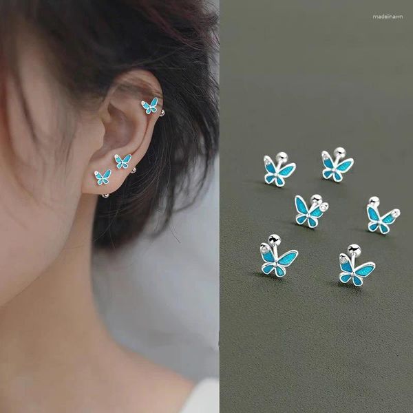 Boucles d'oreilles papillon en argent Sterling 925 véritable pour femmes, petit Style coréen, boucle d'oreille en émail bleu, bijoux de perçage d'anniversaire pour fille