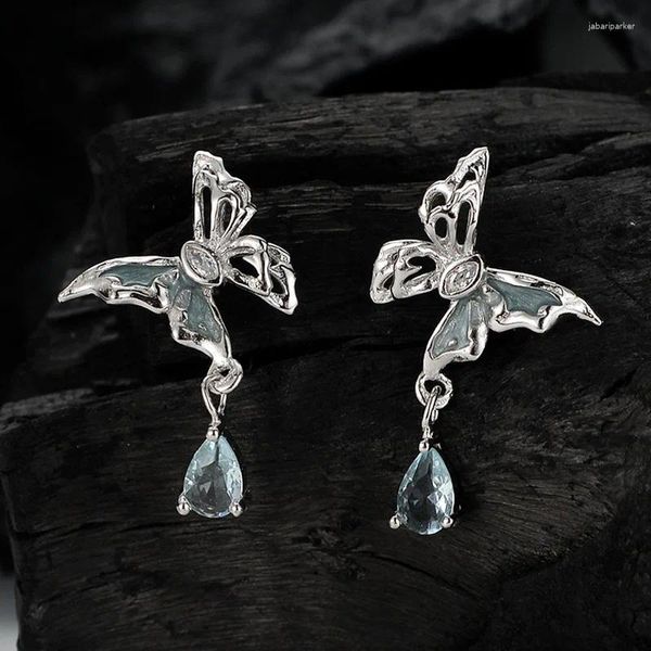 Pendientes de tuerca Plata de Ley 925 auténtica esmalte hueco mariposa gota elegante lago azul mariposas aros joyería fina para mujer