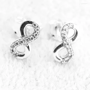 Pendientes de tuerca Plata de Ley 925 auténtica símbolo de amor infinito claro CZ número de la suerte ocho para mujer joyería de boda