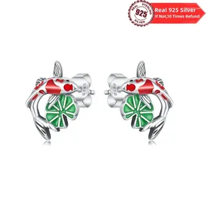 Stud -oorbellen Real 925 Sterling Silver Fashion Sweet Lotus Leaf Flower Koi For Women Wedding Party Gifts Fine Jewelry