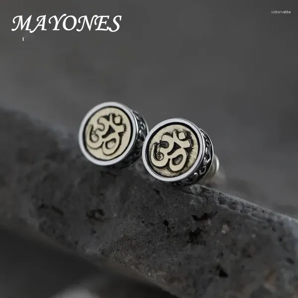 Pendientes de tuerca Plata de Ley 925 auténtica OM Mantra para mujeres y hombres estilo antiguo Retro joyería budista Sutra de seis palabras