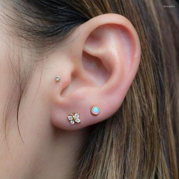 Boucles d'oreilles à tige en argent sterling 925 rose bleu opale de feu pierres précieuses délicates minuscules petits points géométrique simple boucle d'oreille pour fille