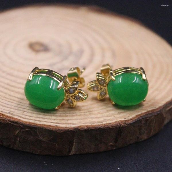 Boucles d'oreilles à tige en Jade véritable pour femmes, plaqué or 18 carats, pierres précieuses jaunes et vertes, Zircon, poteau chauffant, 18, 17mm