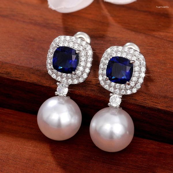 Boucles d'oreilles clous véritable perle argent aiguille pour femmes avec 925 timbre mode bleu Zircon Imitation bijoux