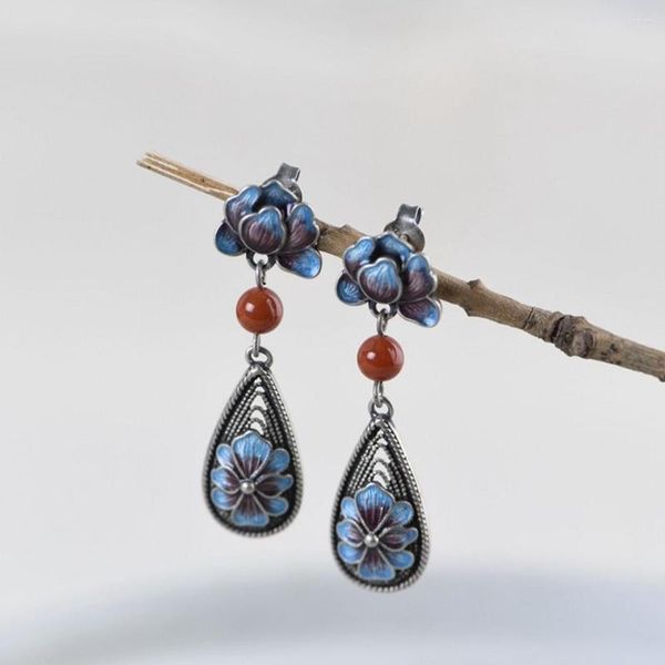 Boucles d'oreilles à tige véritable S925 bijoux en argent pur pivoine cloisonné filigrane frangé pour femme blanc Jade Agate femmes