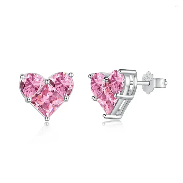 Boucles d'oreilles en forme de cœur en argent véritable S925 pour femmes, diamant rose brillant, Zircon 5A, bijoux de luxe, cadeau pour filles, fête, Banquet