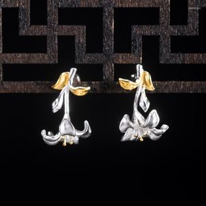 Pendientes de tuerca de plata de ley auténtica S925 hechos a mano con líneas de oreja largas de Morning Glory, joyería fina Floral exótica para mujer Brincos Bijoux