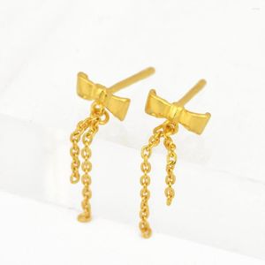 Boucles d'oreilles à tige en or jaune massif 24 carats pour femme, pompons porte-bonheur avec nœud papillon, 1.2-1.5g