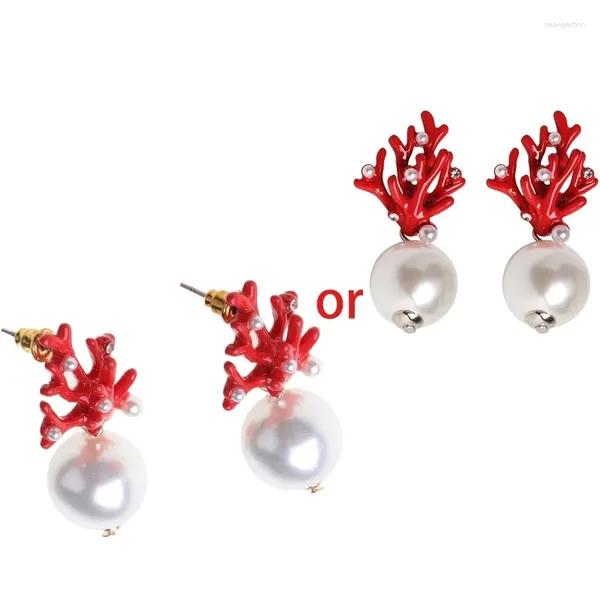 Pendientes de tuerca de coral rojo, asta de ciervo, perla de imitación blanca, regalo de Navidad