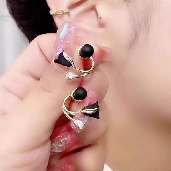 Boucles d'oreilles rétro fleur de tulipe noire pour les femmes mode strass goutte déclaration fête bijoux Design accessoires cadeau