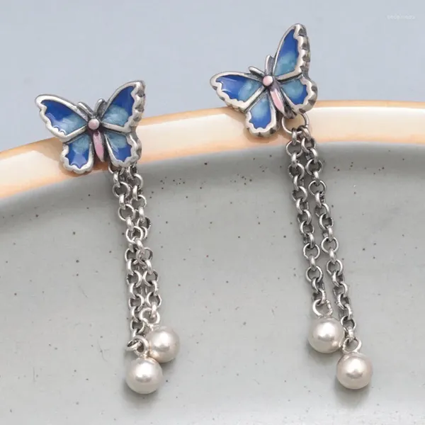 Pendientes de tuerca Retro Azul con borla de mariposa para mujer, aretes largos de esmalte plateado de Ley 925, Piercing para la oreja