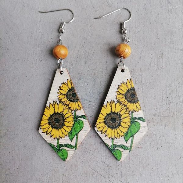 Boucles d'oreilles étalon rétro bohème de tournesol en bois pour femmes accessoires de cadeaux de style ethnique jaune