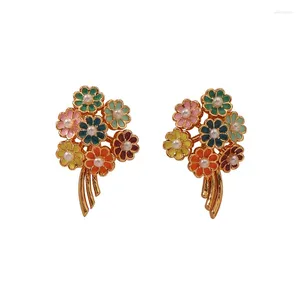 Boucles d'oreilles à tige rétro colorées, gouttes d'huile, Style forêt de marguerites, fraîches et simples, aiguille en argent polyvalente