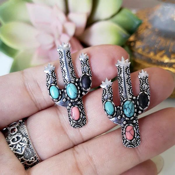 Boucles d'oreilles étalon rétro Colore S pierre boho ethnique antique couleur argent sculpté en métal cactus pour femmes