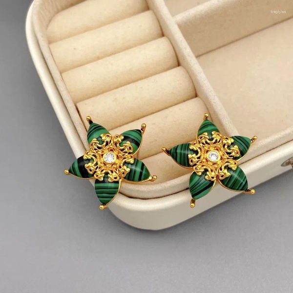 Boucles d'oreilles rétro mode forme d'étoile irrégulière incrustée de pierre de paon vert pour les femmes placage de luxe sens de l'or 18 carats