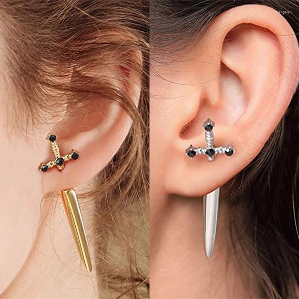 Pendientes de tuerca Retro gótico espada circón Vintage mujeres hombres Cruz Punk pendiente chaqueta gótico punto daga orejera joyería Unisex