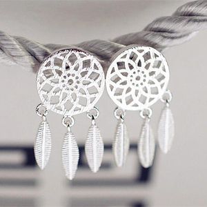 Pendientes de tuerca joyería Retro moda Vintage Plata de Ley 925 pendiente de diseño de hoja redonda para mujer al por mayor