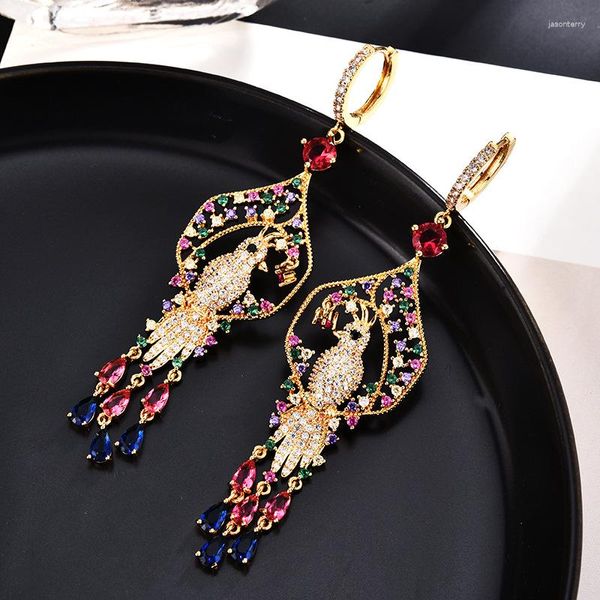 Boucles d'Oreilles Rétro Micro-Incrusté Zircon Coloré Longue Frange Oreille Clip Mode