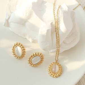 Boucles d'Oreilles Rétro Opale Pendentif Collier Ensemble 18K Plaqué Or Titane Acier Bijoux Femme Copines Hypoallergénique