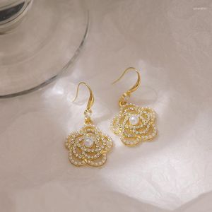 Boucles d'oreilles strass fleur incrusté perle clous d'oreilles plante dorée camélia pour femmes fille bijoux cadeau amis