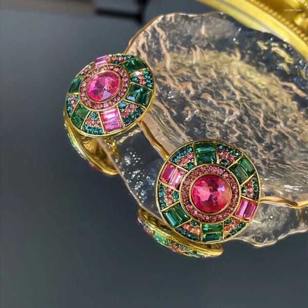 Pendientes de tuerca con diamantes de imitación para mujer, collar redondo geométrico de cristal rosa y verde, colgante de moda Retro de lujo ligero