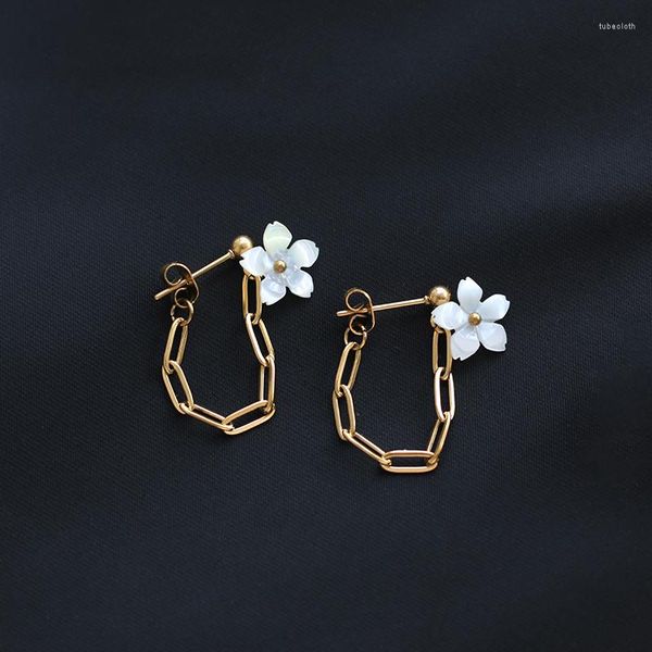 Pendientes RHYSONG de acero inoxidable con concha blanca, flor de melocotón, estilo OL, Pendientes colgantes en la espalda, joyería para regalo de mujer