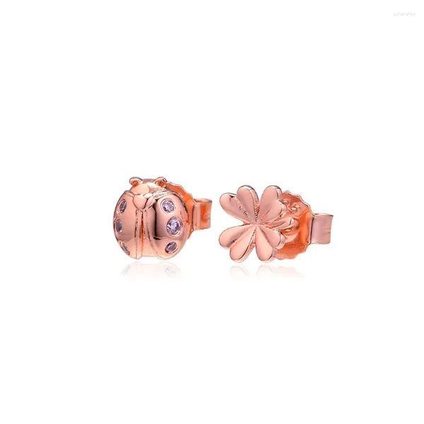 Boucles d'oreilles Stud Rose Clover à quatre feuilles et coccinelle Coudons d'oreille Gift pour maman 925 Bijoux de fête de mariage en argent sterling sterling Plata