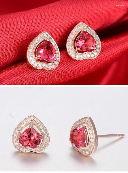 Boucles d'oreilles à tige en or rose, cœur, cristal rouge, rubis, pierres précieuses, diamants pour femmes, Bijoux classiques, accessoires mignons, cadeaux