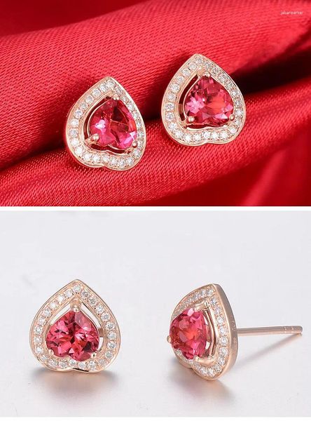 Pendientes de tuerca en tono oro rosa, corazón, cristal rojo, rubí, piedras preciosas, diamantes para mujer, joyería clásica, bisutería, accesorios bonitos, regalos