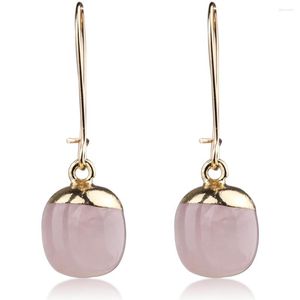 Pendientes de tuerca de piedra de cuarzo rosa, gancho para la oreja de Color dorado, cristal rosa para mujer, joyería