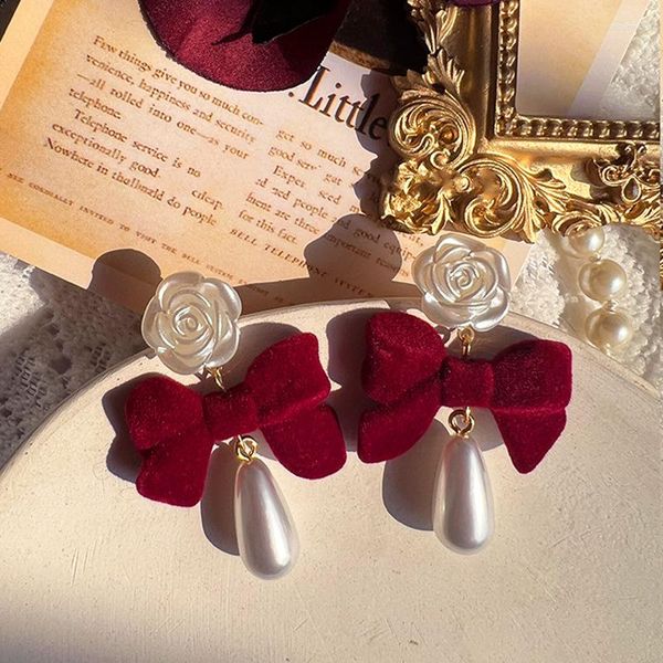 Boucles d'oreilles clous Rose vin rouge nœud papillon perle femmes Style rétro mode luxe tempérament all-match bijoux accessoires tendance