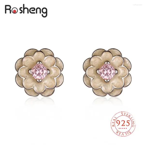 Pendientes de sementales Rosheng 925 Joyas de plata pura Flores de resina para mujeres Faux Circon Studs Ear Girl Party Epoxi Accesorios acrílicos