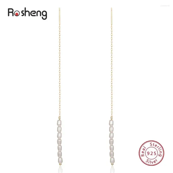 Pendientes de sementales Rosheng Sterling Silver S925 Pearas pequeñas Minimalista de borla larga de la línea para mujeres Accesorios de joyería fina