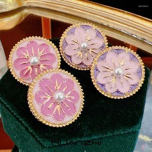Boucles d'oreilles rondes goutte à goutte glaçure rose violet fleurs de cerisier perle métal pour femmes fille Vintage doux fête bijoux cadeau HUANZHI