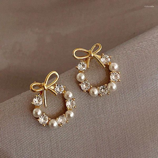 Boucles d'oreilles en forme de couronne ronde, nœud en perle, tendance élégante, mode coréenne pour femmes, bijoux simples, petit Clip d'oreille en Zircon