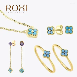 Boucles d'oreilles ROXI S925 en argent sterling Turquoise clair Zircon en forme de pétale ensemble de bijoux bagues collier pour femmes Kolczyki