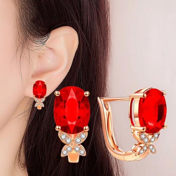 Pendientes de tuerca con piedras preciosas de rubí, cristal rojo, circonita, diamantes, Clip de mariposa para mujer, regalos de joyería rellenos de oro rosa