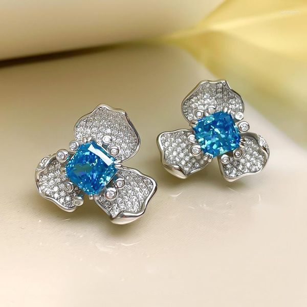 Boucles d'oreilles en argent S925, aigue-marine, 7, 7mm, luxueux, plein de diamants et de fleurs, accessoires de bijoux