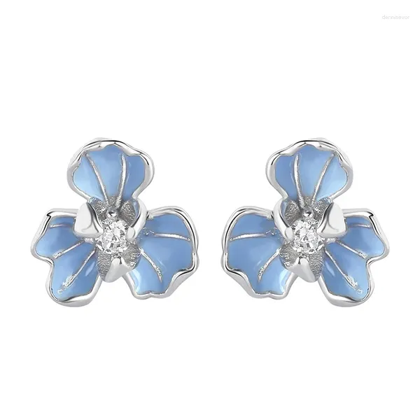 Pendientes de tuerca S925 plata azul Iris flor niñas moda dulce gota esmalte lujosa joyería de boda regalos de fiesta