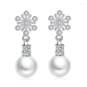Boucles d'oreilles S925 argent boucle d'oreille cristal perle étincelante avec flocon de neige CZ pour les femmes cadeau de mariage dame fille bijoux de mode
