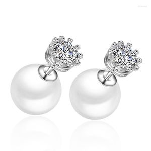 Stud -oorbellen S925 Silver Earring Sparkling Pearl met Crown For Women Wedding Gift Lady Girl Fashion Zirkon Jewelry