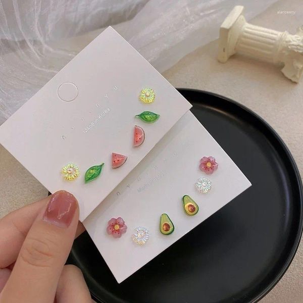 Boucles d'oreilles S925 argent aiguille couleur bonbon dessin animé fruits fleur ensemble pour femmes filles Simple mignon pastèque marguerite