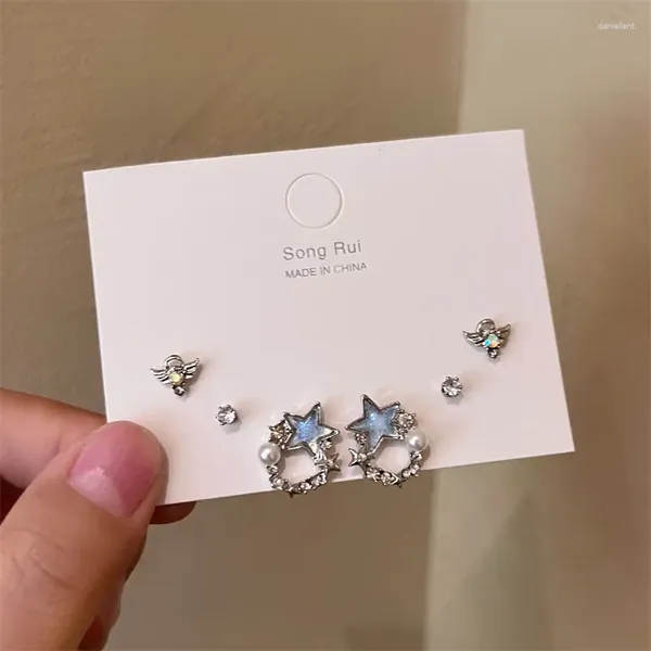 Pendientes de tuerca S925 aguja de plata moda pentagrama perla Metal para mujeres niñas Color azul estrella Ángel conjunto joyería regalos