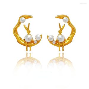 Boucles d'oreilles à clous en argent S925, aiguille japonaise et sud-coréenne, douce et mignonne lune, petite dame de tempérament, perle, boucle d'oreille féminine