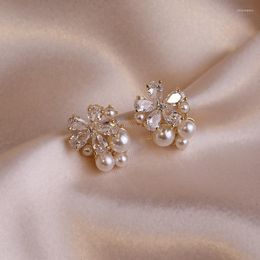 Ohrstecker S925 Silber Nadel Koreanische Blume Zirkon Damen Allgleiches Einfache Perle High-End Exquisite Hochzeitsbankettschmuck